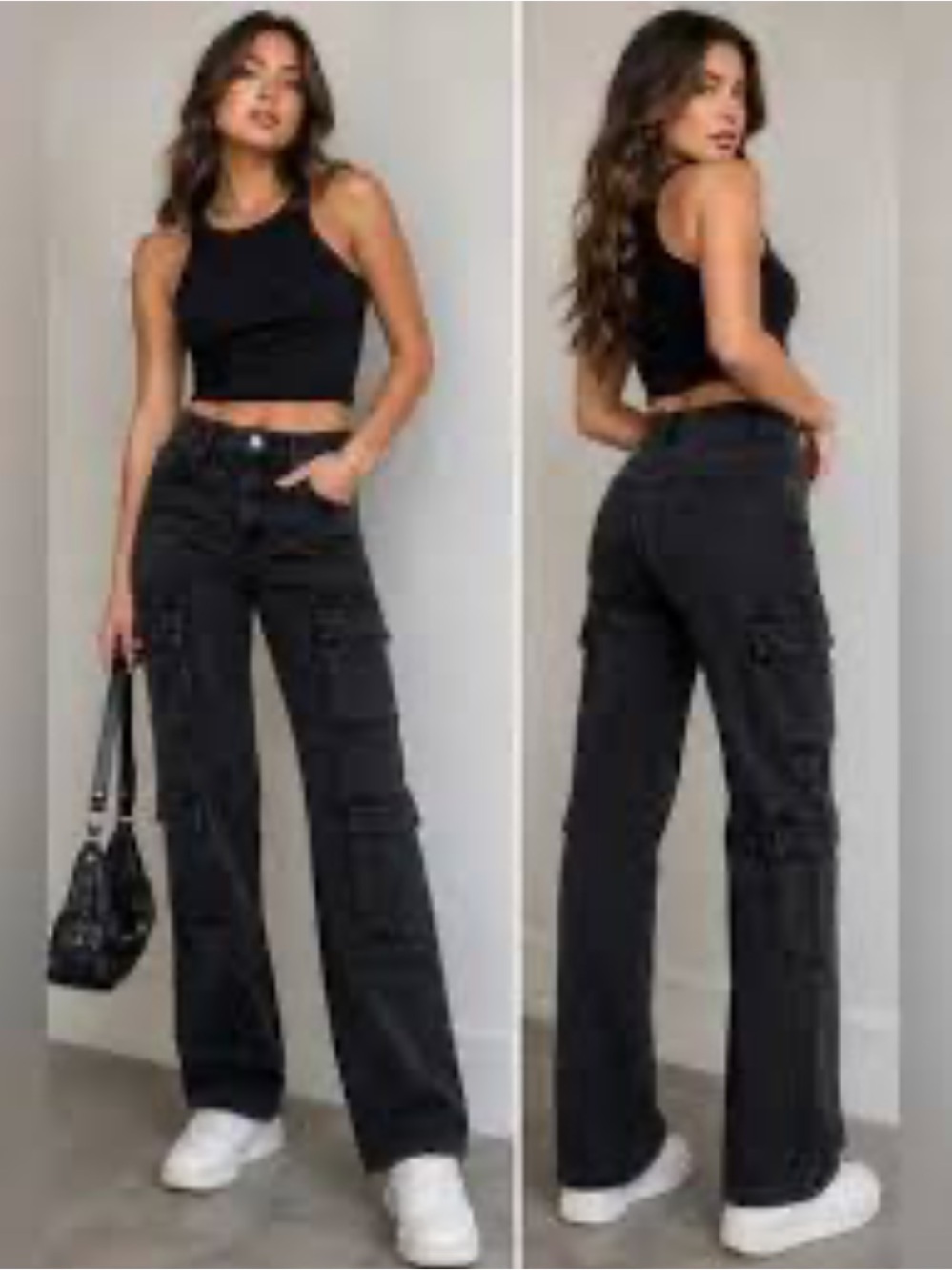 High-Rise Black Wide Leg Cargo Pants Hidden Los Angeles